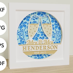Caja de sombras para bodas Mrs & Mrs Champagne | DXF. EPS, SVG | Texto personalizable | Papel laminado | Cricut, silueta, láser y plotters