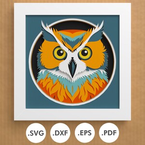 May include: A digital illustration of an owl's face with orange, blue, and white feathers. The owl's eyes are large and yellow, and its beak is small and black.