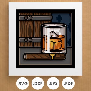 May include: A digital papercraft design featuring a glass of whisky with ice, a cigar, and a wooden barrel. The design is in a black frame with a white background.