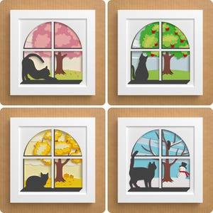 4 Seasons Shadowbox / Gatto che fissa un albero / Carta/cartoncino a strati / SVG, EPS, DXF, file di download digitale / Per Cricut, Silhouette, laser