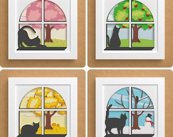 4 Seasons Shadowbox | Cat staring at tree | Layered paper/cardstock | SVG, EPS, DXF, digital download file | For Cricut, Silhouette, laser