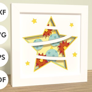 May include: A white frame with a yellow star design inside. The star is layered with red, blue, and yellow ornaments. The ornaments are arranged in a circular pattern around the star.