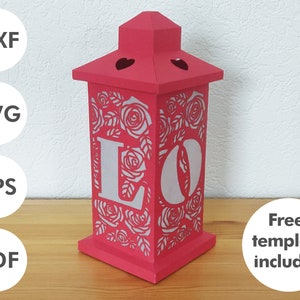 Lanterna in cartoncino per San Valentino o matrimonio / Amore con rose / Per Cricut, Silhouette, laser o a mano / formati eps, dxf, svg, pdf