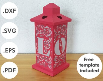 Valentine or wedding cardstock lantern | Love with roses | For Cricut, Silhouette, laser or by hand | eps, dxf, svg, pdf formats