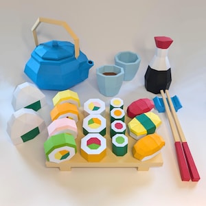 Sushi und Tee Papercraft Set | Niedliches DIY Muster | SVG & PDF Vorlagen für Papierhandwerk |Essen und Getränke | kleines Restaurant