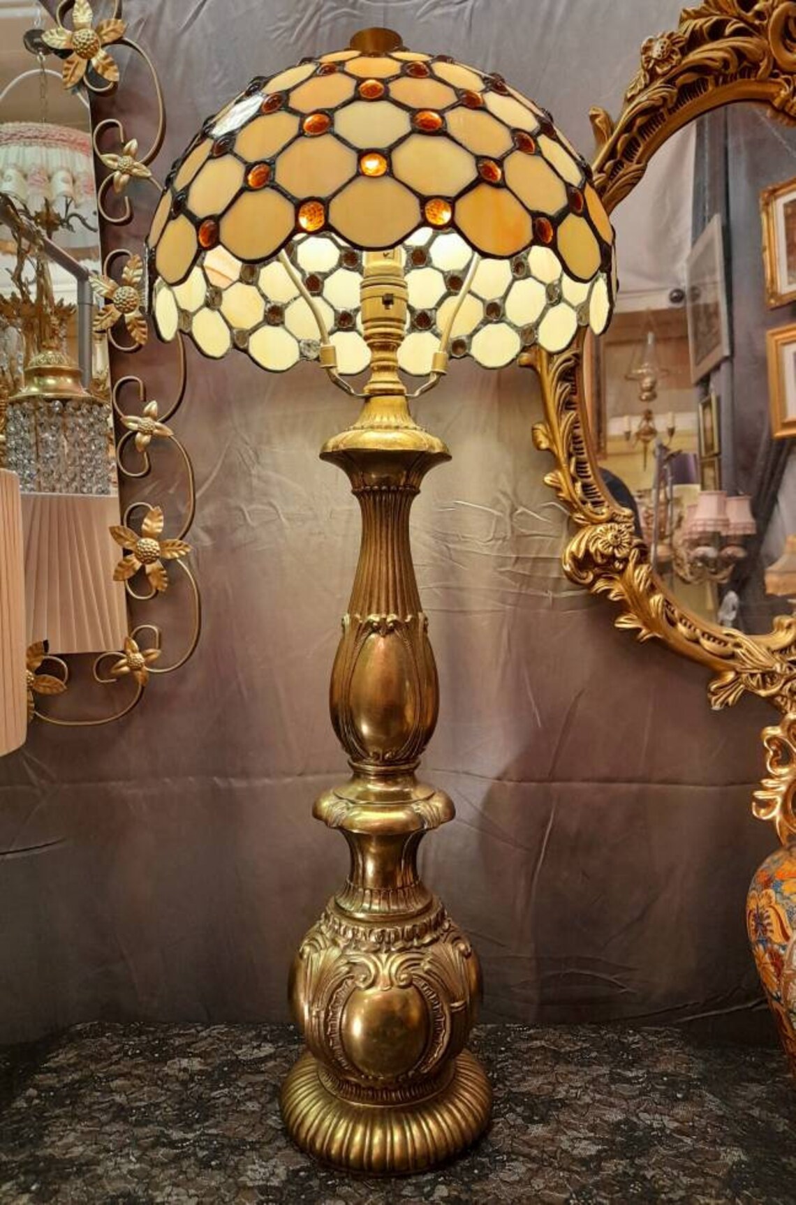 Highly ornate tall vintage gold lamp with tiffany leaded glass Etsy