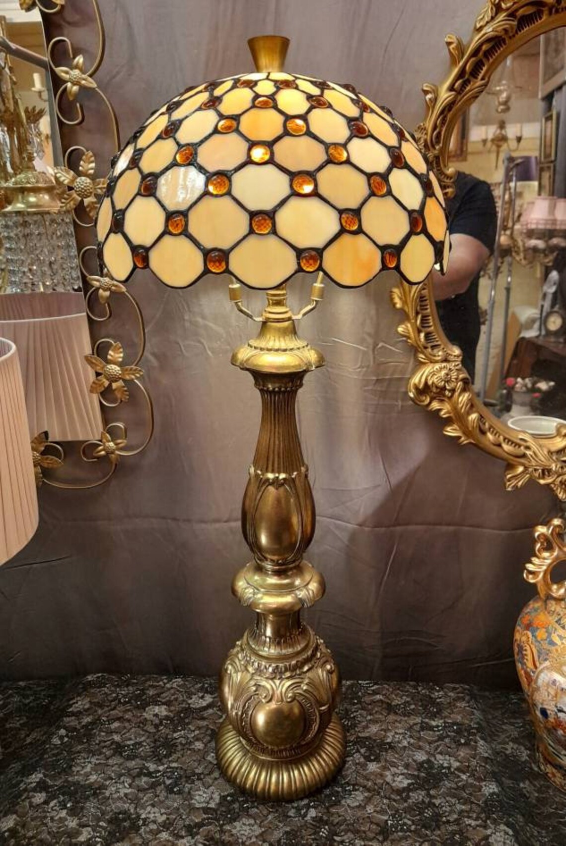 Highly ornate tall vintage gold lamp with tiffany leaded glass Etsy