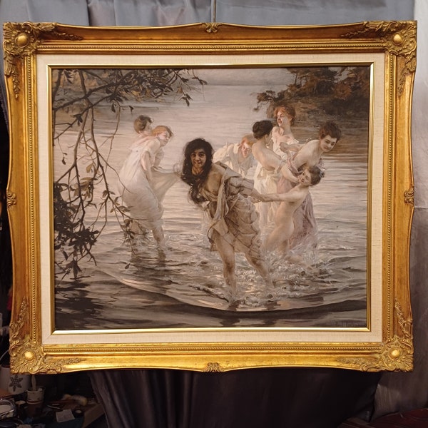 Antique gilt frame. Framed canvas of 'Dancing Nymphs' Paul Emile Chabas. 1899.