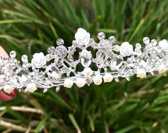 Snow White Wedding Tiara, Flower Tiara, Disney Tiara, Hidden Mickey Tiara, White Pearl Tiara