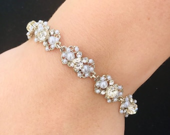 Pulsera nupcial con orejas de ratón ocultas: joyería nupcial con perlas y diamantes de imitación