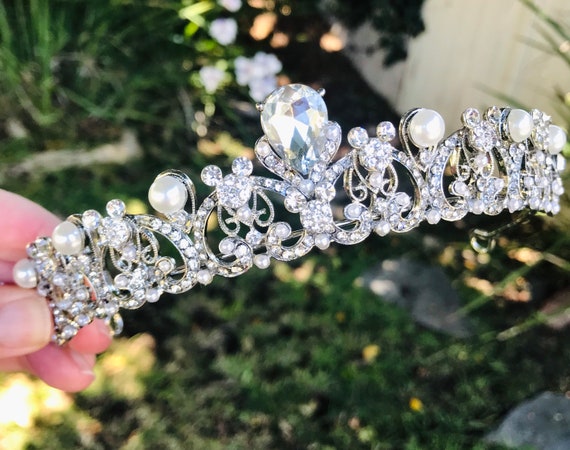Disney Silver Tiara with Pearl Details Pearl Rhinestone Tiara, Silver Tone, Hidden Mickey, Disney  main image 2