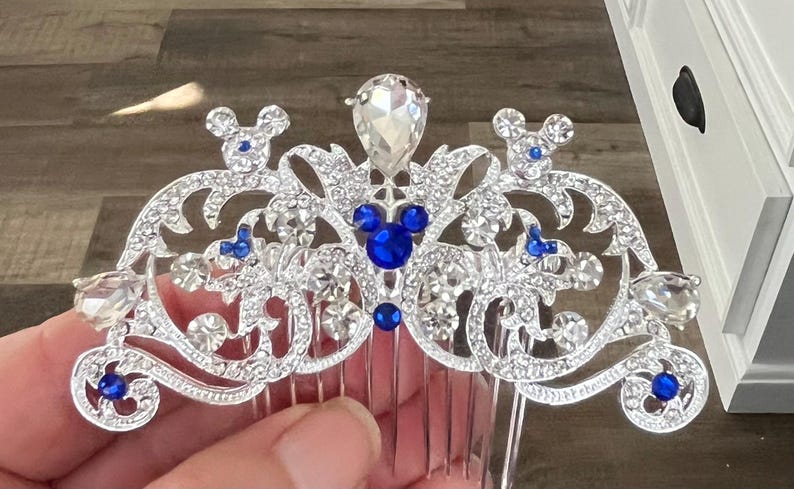 Hochzeit Haarkamm: Versteckte Micky Maus, märchenhafter Schmuck Silver/Sapphire Blue