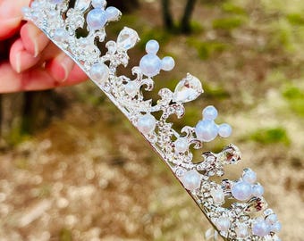 Disney Silver Tiara with Pearl Details Pearl Rhinestone Tiara, Silver Tone, Hidden Mickey, Disney  main image 4