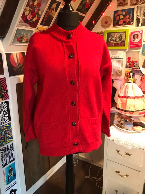 thick red cardigan