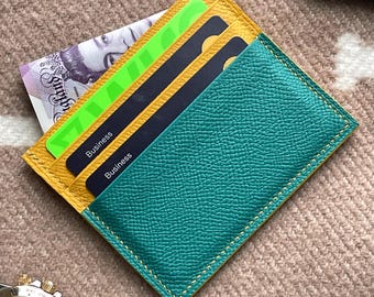 Handmade Calfskin Leather 6 Card Slim Card Holder in Blue Paon & Jaune Ambre