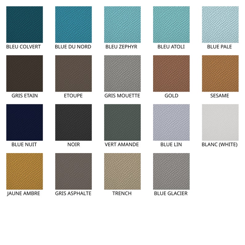 May include: A color chart of 16 different leather swatches. The swatches are arranged in a grid of four rows and four columns. The colors include blue, green, brown, gray, black, white, and yellow.