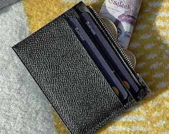 Handmade Slim Card Holder with Zip Compartment in Black Calfskin and Silver Zip