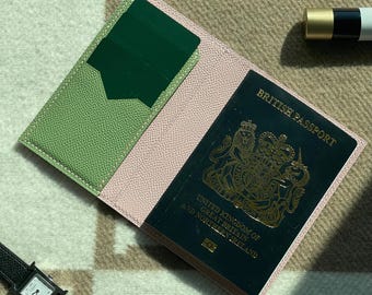 Funda de pasaporte de cuero hecha a mano: piel de becerro Rose Sakura y Vert Criquet
