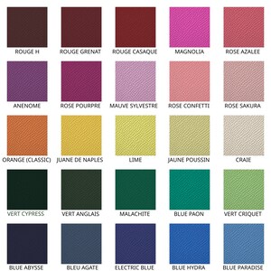 Puede incluir: Una carta de colores que muestra 25 colores de cuero diferentes con sus nombres en franc&eacute;s. Los colores incluyen rojo, rosa, morado, naranja, amarillo, verde, azul y gris.