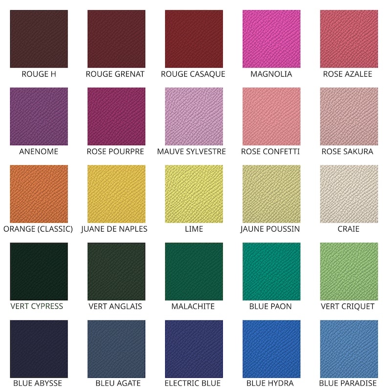 Puede incluir: Una carta de colores que muestra 25 colores de cuero diferentes con sus nombres en franc&eacute;s. Los colores incluyen rojo, rosa, morado, naranja, amarillo, verde, azul y gris.