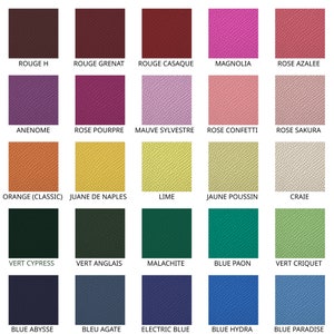 May include: A color chart showing 25 different leather colors with their names in French. The colors include red, pink, purple, orange, yellow, green, blue, and gray.