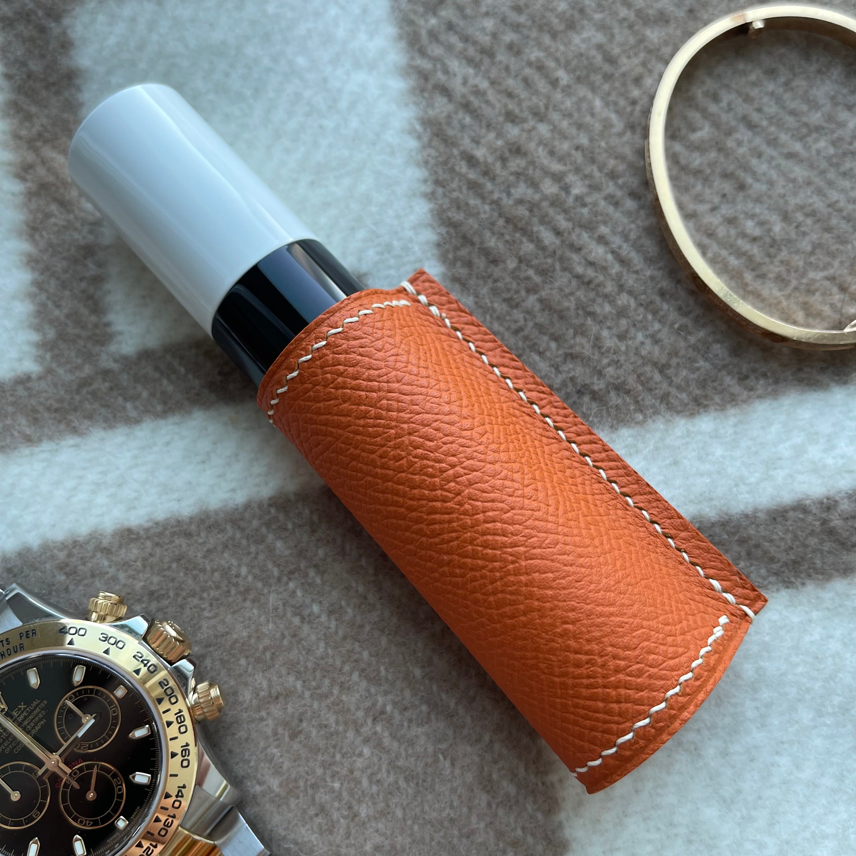 Handmade Tan Epsom Calfskin Leather Hermes Style Lipstick Case 