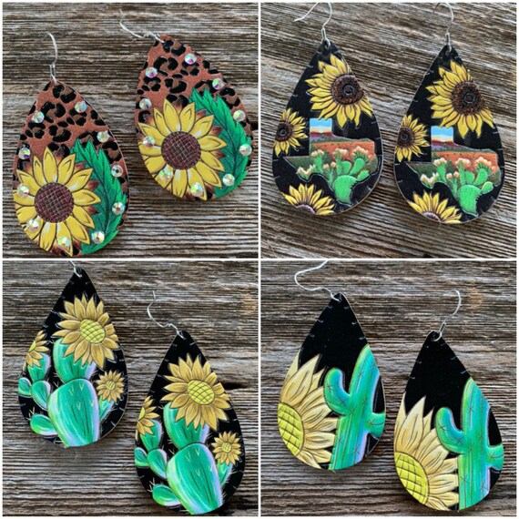 Leather Stamped Sunflower and Cactus Earrings