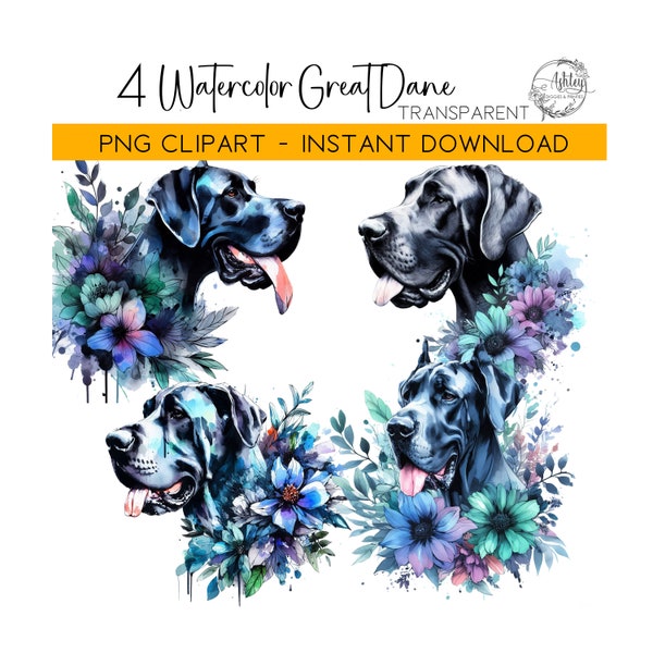 Watercolor Great Dane Flower Clipart Png, Junk Journal PNG Download, T-Shirt Design, Png Sublimation INSTANT DOWNLOAD
