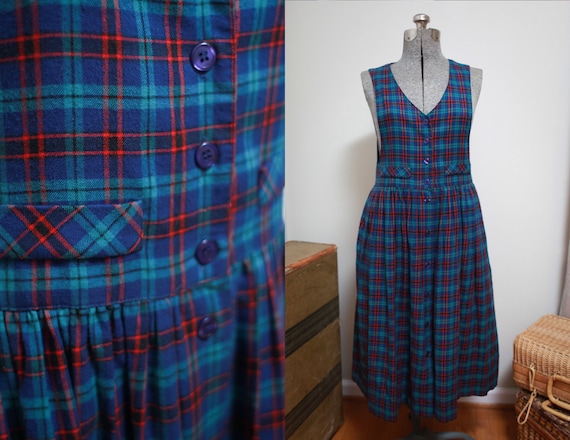 90s Plaid Jumper Apron Dress, sz 4 | Blue and Red