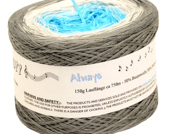 Puede incluir: Una madeja de hilo en un degradado de colores gris, blanco y azul. El hilo está etiquetado como "Always" y tiene una longitud de 750 metros. La etiqueta también incluye el texto "WARNING AND SAFETY: 1. THE PRODUCTS AND SERVICES SOLD AND PROVIDED ON WWW.HOU CLOTHES. THE USE FOR OTHER PURPOSES IS PROHIBITED, UNLESS EXPLICITLY AUTHORIZED BY US IN WRITING CHILDREN AND ANIMALS. THERE IS A DANGER OF CHOKING. 3. THE PRODUCTS MUST NOT BE IGNITED OR"