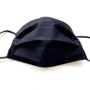 May include: A black cloth face mask with elastic ear loops. The mask has pleats for a comfortable fit.