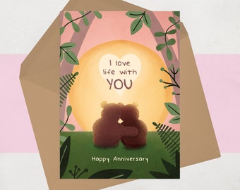 Bear Anniversary Card for husband, for wife - Heartfelt Bears Anniversary Card for him for her - Cute Romantic Sunset - I love life with you