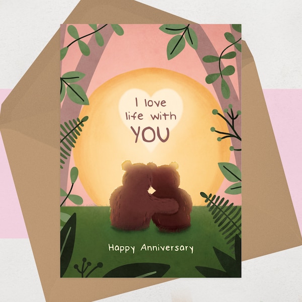 Bear Anniversary Card for husband, for wife - Heartfelt Bears Anniversary Card for him for her - Cute Romantic Sunset - I love life with you