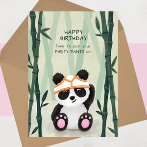 Carte d'anniversaire ours panda pour lui, pour elle - Jolie carte d'anniversaire pour un ami spécial, garçon, fille - Drôle enfilez votre pantalon de fête - Illustration