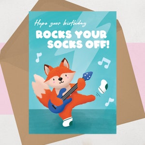 Rock and Roll Birthday Card for music guitar friend | For him, for her | Illustrated Fox Rocks Your Socks Off Birthday Card