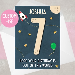 7e anniversaire | Personnalisé | Thème de l'espace | Pour garçon | Pour fille | 7, sept, septième anniversaire | Fusée