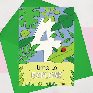 Carte d'anniversaire 4 ans pour garçon, fille - Jolies cartes d'anniversaire pour 4 ans - 4 cartes à explorer - Aventure dans la jungle - Carte d'anniversaire explorateur