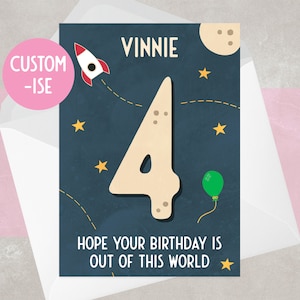 Carte 4e anniversaire - personnalisée avec nom et numéro | pour garçon ou pour fille | 4, quatre, quatrième anniversaire | espace, fusée, ballon et étoiles