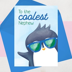 Carte d’anniversaire du neveu - au neveu le plus cool - carte spéciale mignonne illustrée Penguin