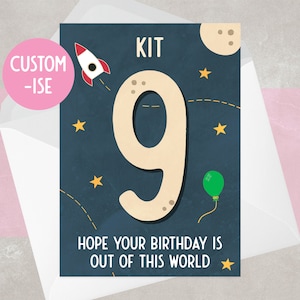 9e anniversaire | Carte d'anniversaire personnalisée et bon d'achat | Thème de l'espace | Pour garçon | Pour fille | 9, neuf, neuvième anniversaire | Carte d'âge