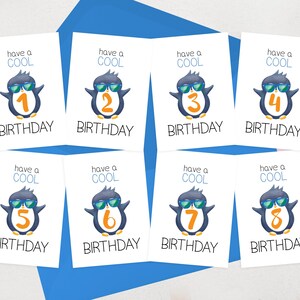 Cartes d'anniversaire pour enfants - Carte d'âge personnalisée pour garçons et filles sympas - Carte d'anniversaire pingouin 1er, 2e, 3e, 4e, 5e, 6e, 7e, 8e