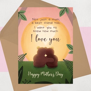 Carte de fête des mères sincère pour maman - poème sentimental pour mère et meilleure amie - mignons ours en peluche illustrés coucher de soleil - pour maman spéciale