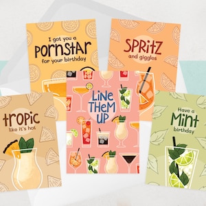 Cartes de voeux cocktail - lot de cartes d'anniversaire - cocktails, spritz, mojito, pina colada - emballage multiple, lot