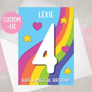 Carte 4e anniversaire fille | Carte d'anniversaire personnalisée | Carte arc-en-ciel pour elle | Anniversaire magique | 4