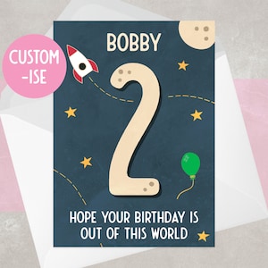2nd Birthday Card | Personalised | Space theme | For boy | For girl | 2, two, second birthday | Rocket | Number card