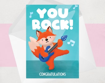 You Rock Congratulations Card - Well Done Card - Passed Exam Test - New Job Promotion - Cute Fox Illustration – UK Greeting Cards