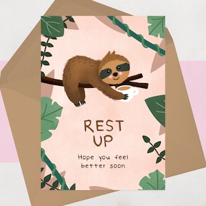 Get Well Soon Sympathy Card - Paresseux mignon sincère - Reposez-vous - Sentez-vous mieux bientôt - Maladie Opération Récupération Carte d’hôpital