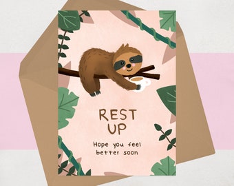 Get Well Soon Sympathy Card - Sloth Cute Heartfelt - Riposati - Sentiti meglio presto - Malattia Operazione Recupero Hospital Card