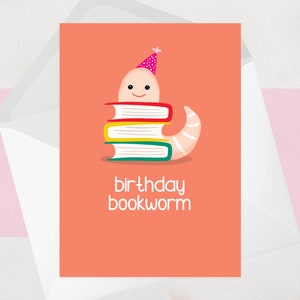Book Worm Birthday Card - Lecture de livres - Rat de bibliothèque - Drôle de carte d’anniversaire illustrée mignonne pour les amateurs de livres