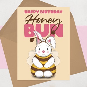 Carte d'anniversaire chignon miel pour elle - jolie carte d'anniversaire Hunny pour amie, fille, soeur, chignon miel - Lapin illustré en costume d'abeille